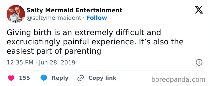 Parenting meme stating giving birth is painful but the easiest part of parenting showing chaos and love.