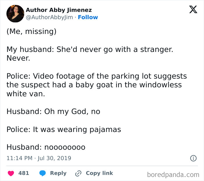 Tweet about a missing person, police details, and a baby goat in pajamas in a humorous really dumb tweets post.