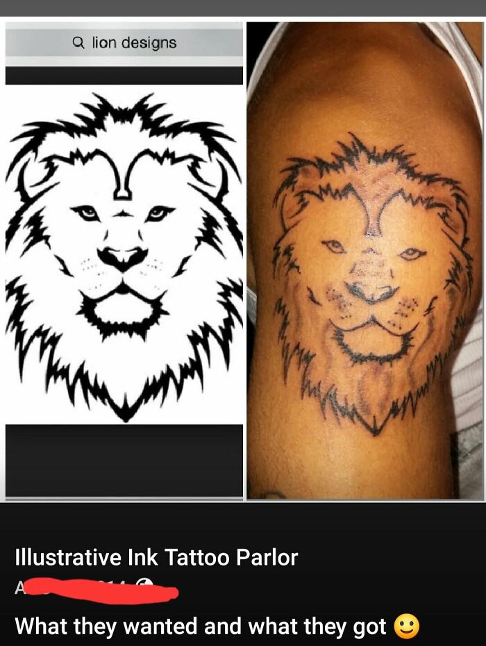 Lion tattoo design comparison showing expected vs actual ink work that people allowed to be placed on their bodies for life