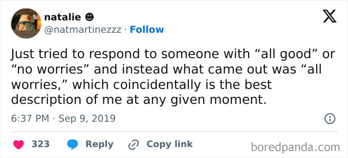Screenshot of a relatable meme from the Memes To Discuss In Therapy page about worrying instead of being all good.
