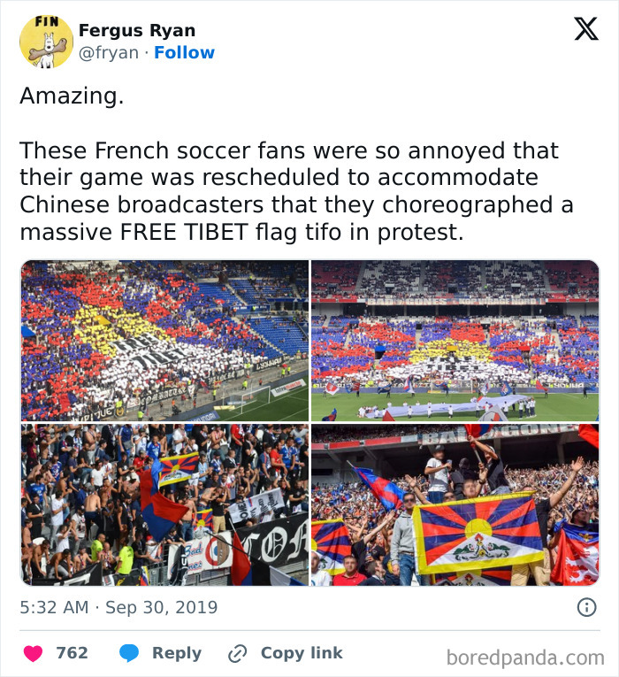 French soccer fans display massive Free Tibet flags in stadium protest, an example of petty revenge against broadcast rescheduling.