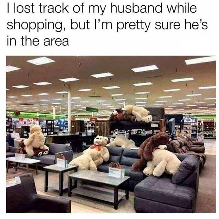 Stuffed bears humorously placed on furniture in a store, illustrating relatable memes about relationships and everyday life.