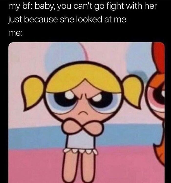 Angry cartoon character with crossed arms depicting a funny and relatable moment about relationships in a meme.