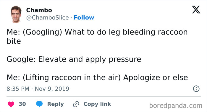 Tweet showing chaotic humor about googling how to treat a raccoon bite with a funny twist on advice.