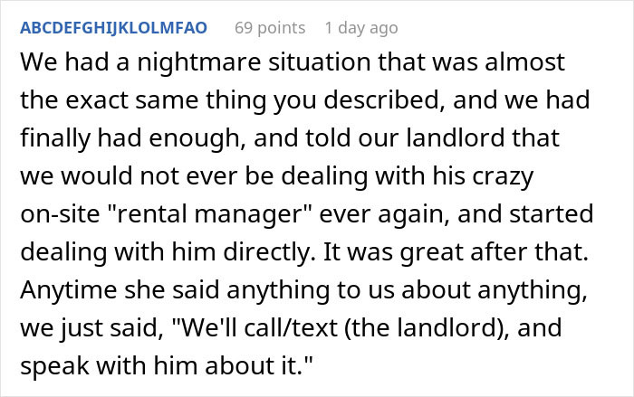 Text conversation discussing an on-site landlord acting awful leading to tenants&rsquo; rent being doubled and dealing with the landlord directly.