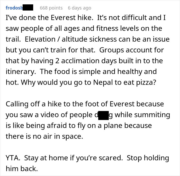 Screenshot of a Reddit comment sharing experiences about hiking Everest and discussing fears related to climbing risks. Screenshot of a Reddit comment sharing experiences about hiking Everest and discussing fears related to climbing risks.