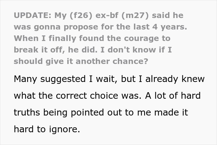 Text excerpt from a breakup story about a man who planned to propose but the relationship ended before the proposal.