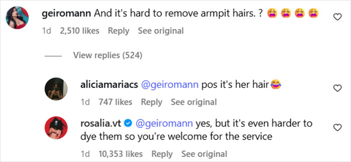 Instagram comments discussing the difficulty of removing and dyeing armpit hair after a pop star&rsquo;s Paris Fashion Week appearance.