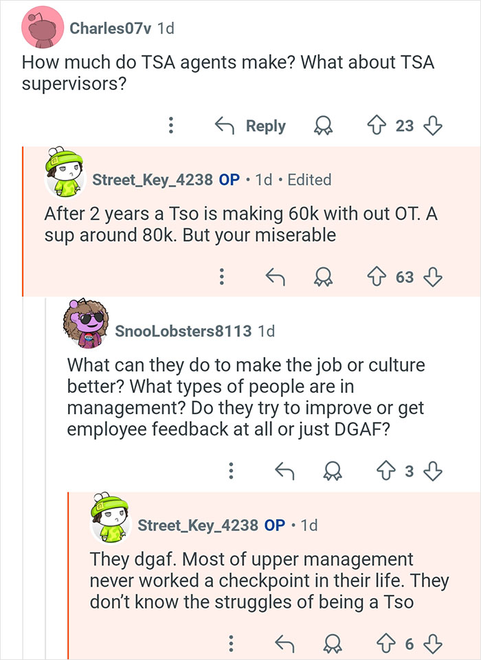 Reddit Q&A thread where a former TSA worker discusses TSA agent salaries and management culture insights.