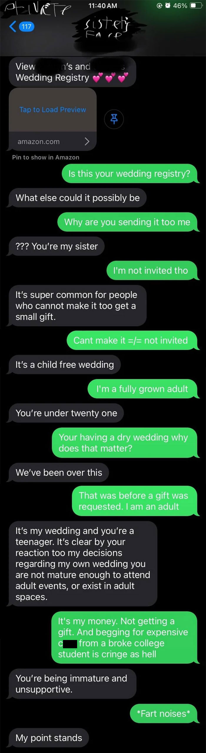Text message exchange showing a tense conversation about a wedding registry and invitation, highlighting awkward wedding moments.