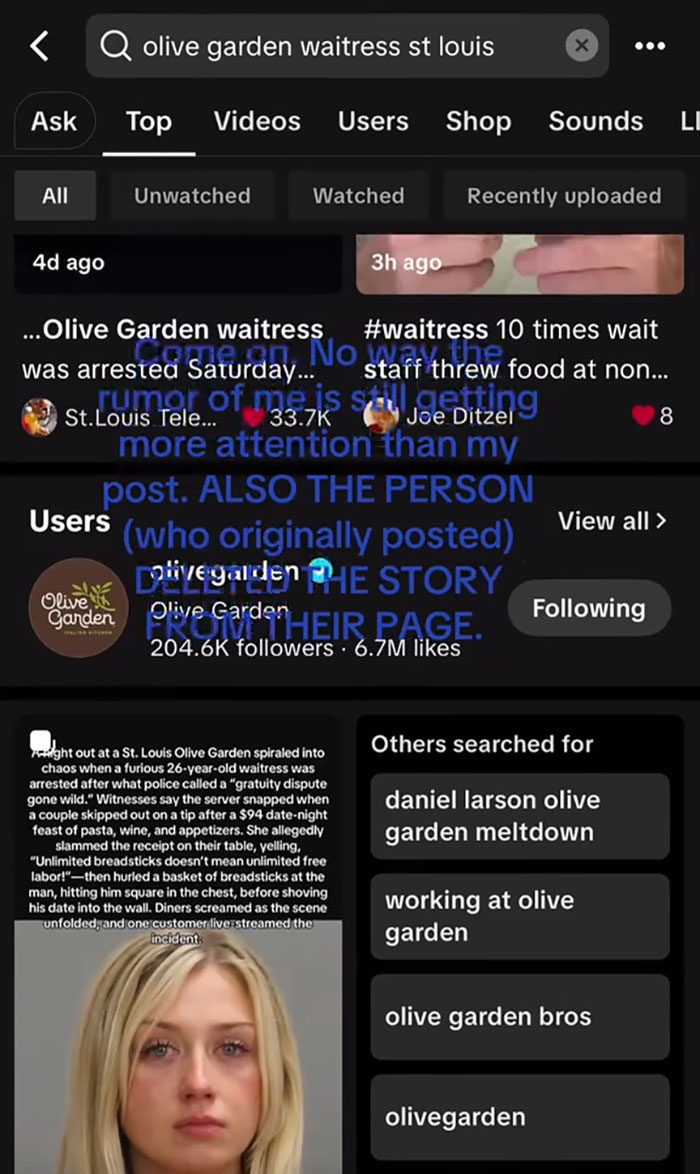 Screenshot of social media search results and posts about Olive Garden waitress hoax and related viral rumors. Screenshot of social media search results and posts about Olive Garden waitress hoax and related viral rumors.
