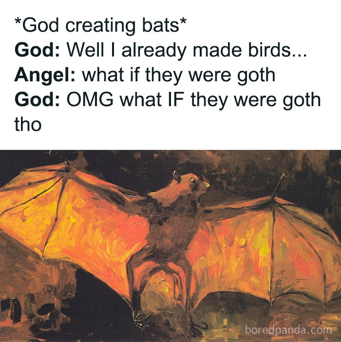 Humorous modern caption added to old painting featuring a bat and a conversation about creating goth bats.