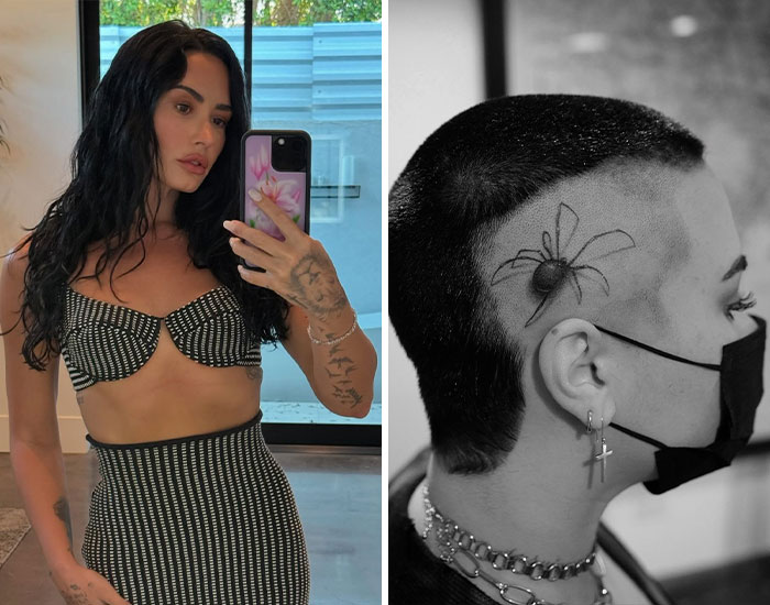 Two celebrities displaying their tattoos, one with full arm ink and another with a spider tattoo shaved into their hair.