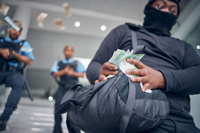 Masked man stealing money from a bag while two police officers aim guns in the background, illustrating worst employees concept.