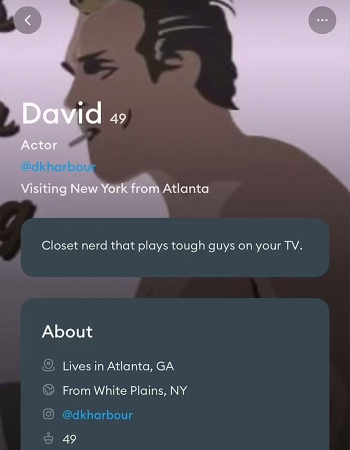 Profile screenshot of David Harbour showing actor details and location, related to Lily Allen's album and cheating claims.