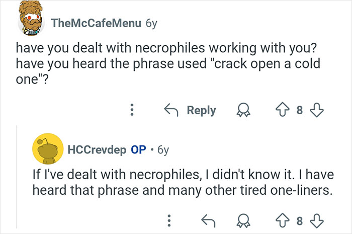 Screenshot of a Reddit conversation discussing necrophiles and phrases related to coroners’ interesting stories.