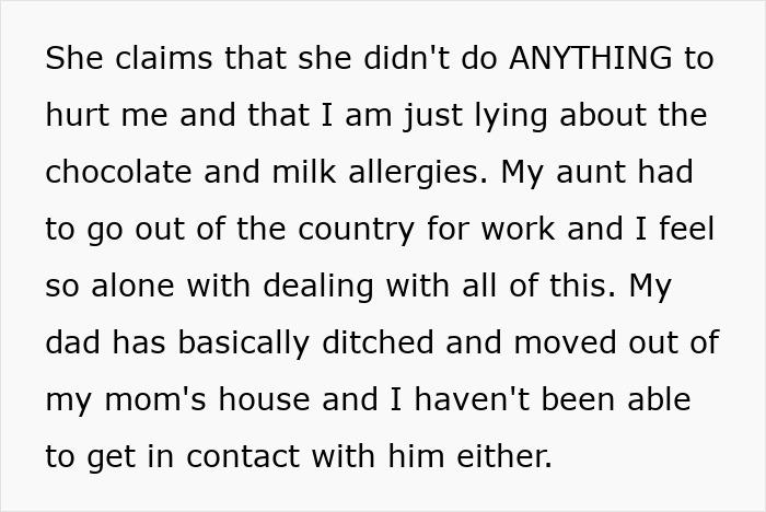 Text on a white background describing emotional struggles after parents lied about food allergies, causing no contact with family members.