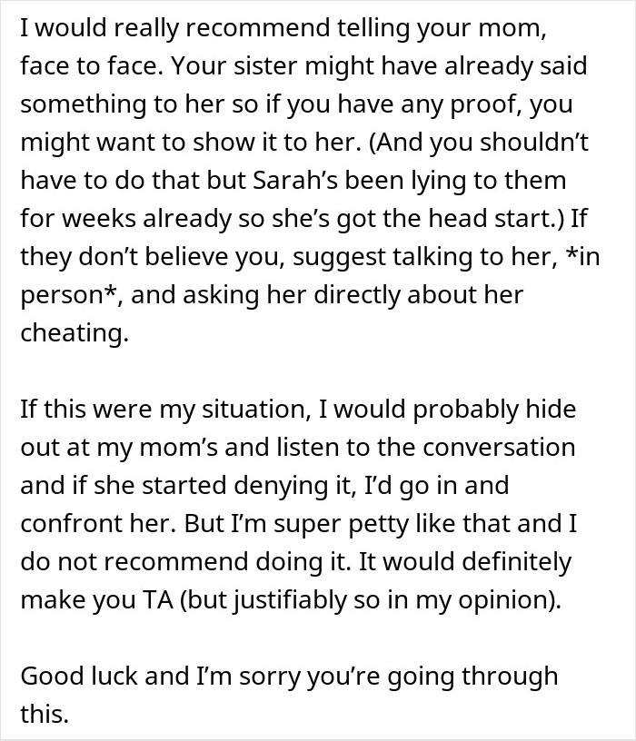 Text excerpt discussing confronting a mom about cheating, with advice on face-to-face talk and listening to conversations.