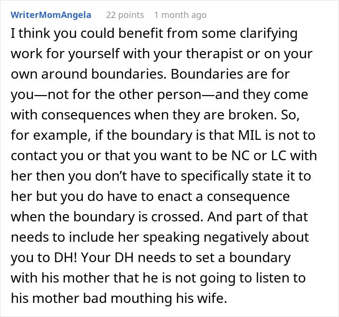 Comment advising new mom on setting boundaries with MIL to handle her unhinged behavior and involving husband in enforcement.