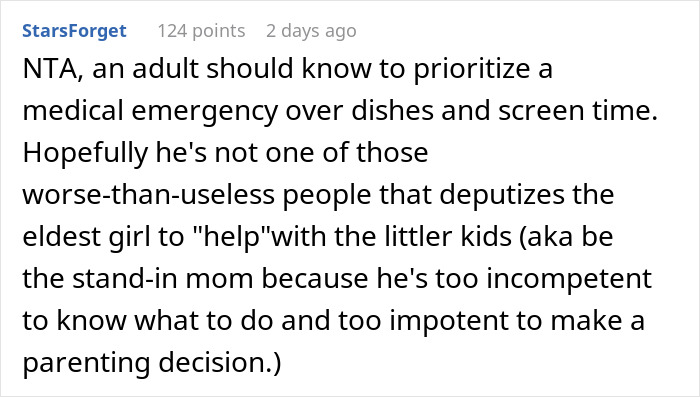 Comment criticizing clueless husband standing and watching as wife passes out with 104-degree fever, ignoring medical priority.