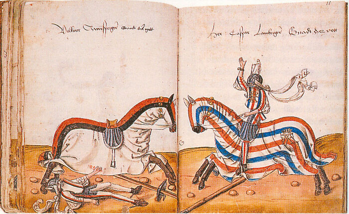 Medieval knights in striped armor and horses engaged in a dangerous and unsafe historical sports battle scene.