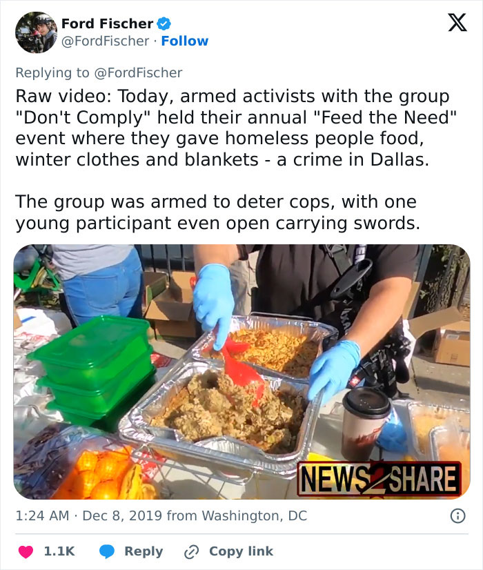 Armed activists serving food and winter supplies to homeless people during a chaotic good community event in Dallas.