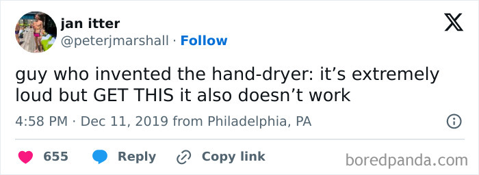 Tweet humor about the hand-dryer invention, part of funny and random memes from Thunder Dungeon that might make you laugh.