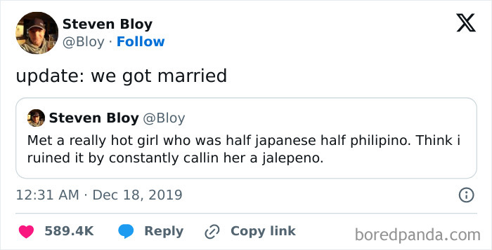 Tweet update showing a humorous relationship story, featured in posts that go from 0 to 100 real quick.