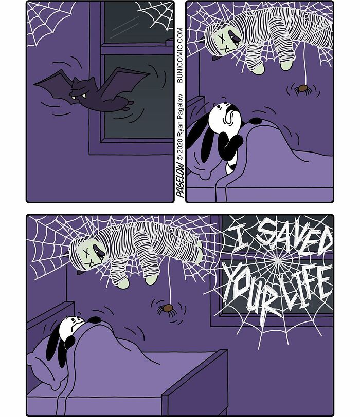 Buni comic shows a bunny scared of Halloween spooky spider and mummy in dark room with cobwebs.