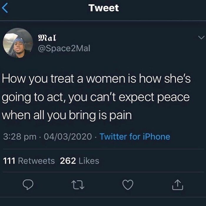 Tweet about relationship dynamics highlighting how treatment affects behavior, illustrating relatable relationship memes.