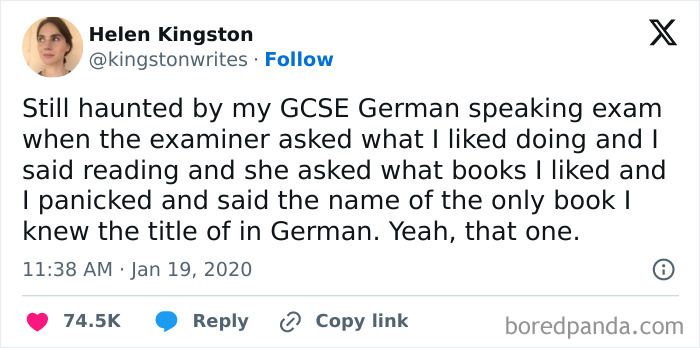 Tweet screenshot with a British meme about a GCSE German exam and awkward book title recall, reflecting unapologetically British humor.