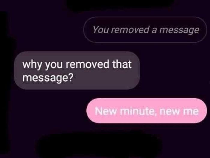 Text message exchange showing a deleted message and playful reply, capturing relatable memes about relationships humor.
