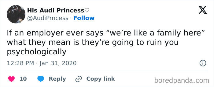 Tweet showing a relatable work meme about employers saying "we're like a family here" with a sarcastic humorous tone.