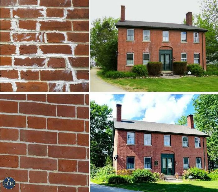 Close-up of historic brick house before and after restoration showing repaired mortar and preserved architecture.