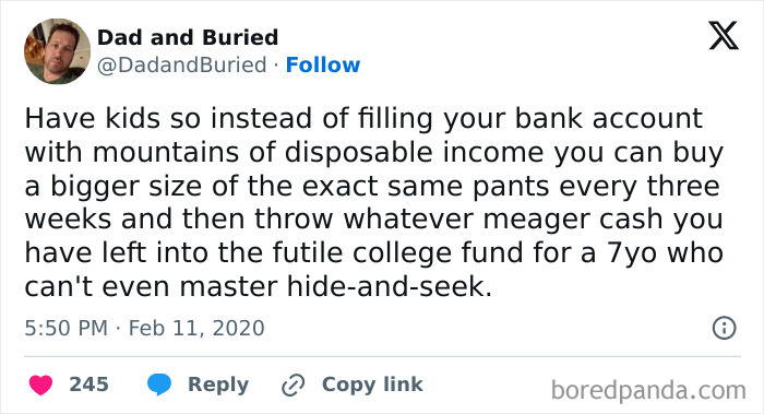 Tweet humorously critiques parenting expenses, fitting the really dumb tweets theme to make you laugh or question humanity.