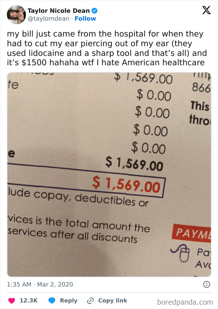 Hospital bill shows a $1,569 charge for ear piercing removal, highlighting harsh realities of American healthcare costs.