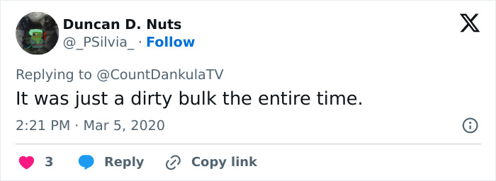 Screenshot of a Twitter reply mentioning dirty bulk in response to a fitness-related discussion.