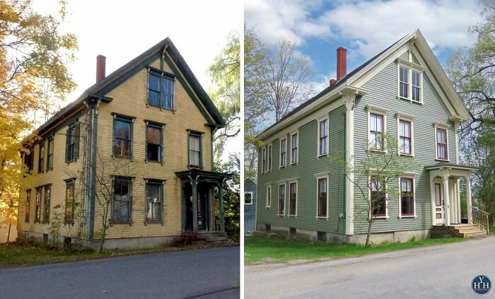 Side-by-side comparison of a historical house before and after restoration showcasing restored architectural details.