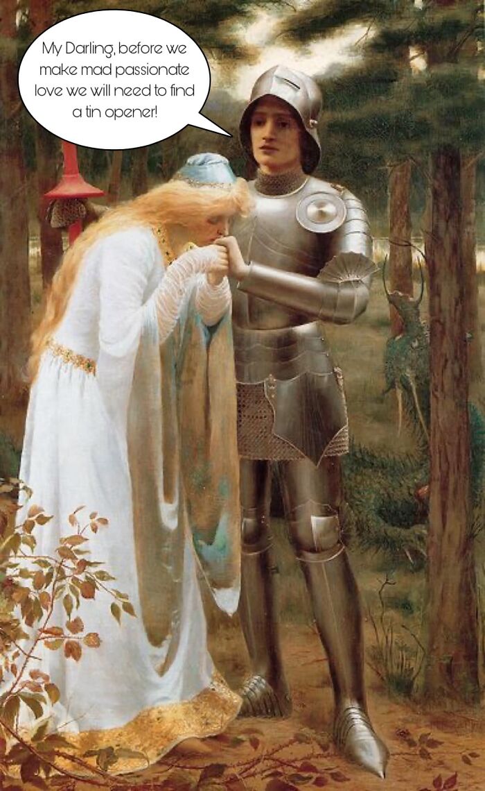 Medieval knight and lady in a forest from a classical painting with a humorous meme caption about finding a tin opener.