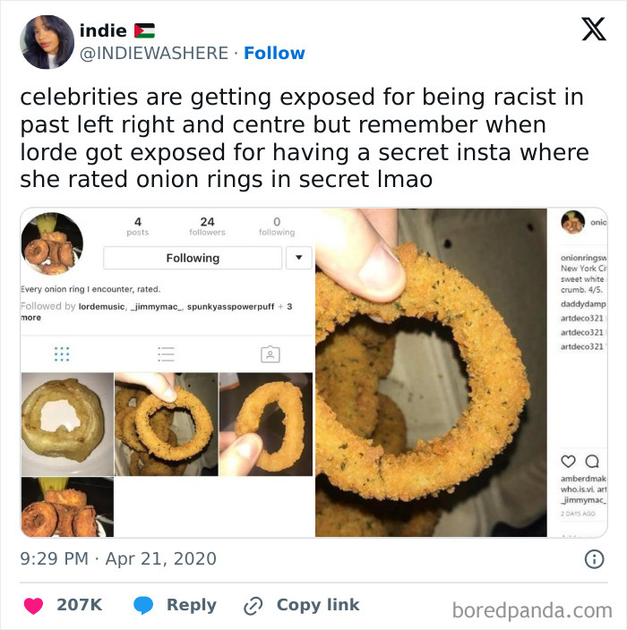 Screenshot of a funny tweet about a secret Instagram rating onion rings, showcasing hilarious tweets people share online.