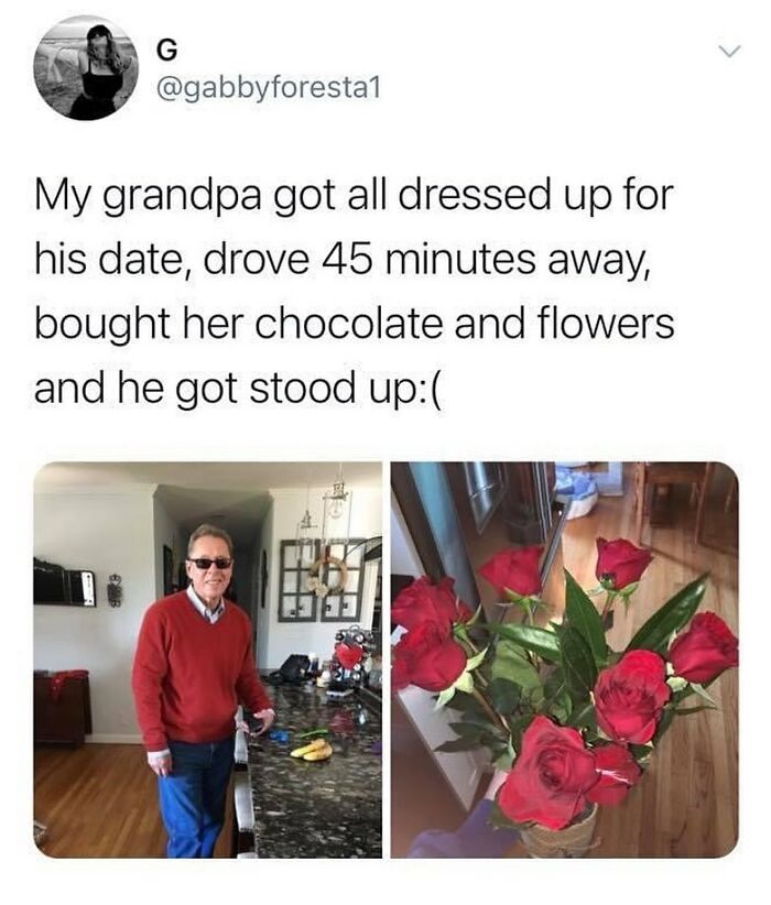 Grandpa dressed up for a date and bought flowers, illustrating relatable relationship memes about being stood up.