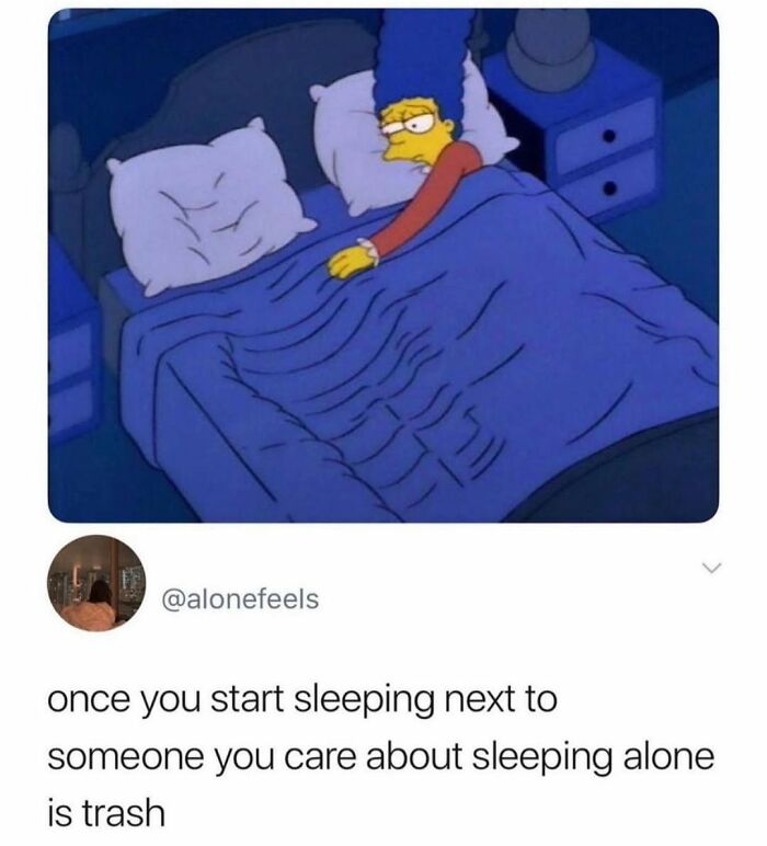 Marge Simpson lying awake in bed alone, illustrating a relatable moment about relationships and sleeping next to someone.
