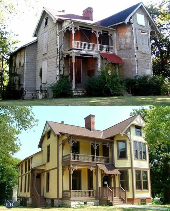 Side-by-side images of a historic house before and after restoration to showcase houses restored to their historical glory.