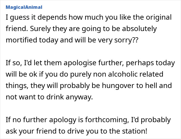 Comment discussing a lady visiting friend abroad and considering escape after friend&rsquo;s intoxicated partner serenades her in bed.