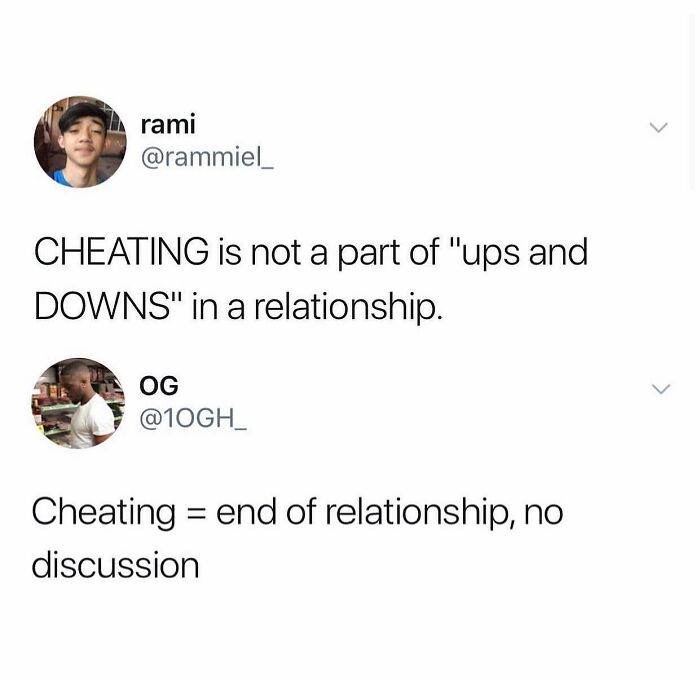 Two Twitter users discuss cheating in relationships, highlighting it as a dealbreaker in relatable relationship memes.
