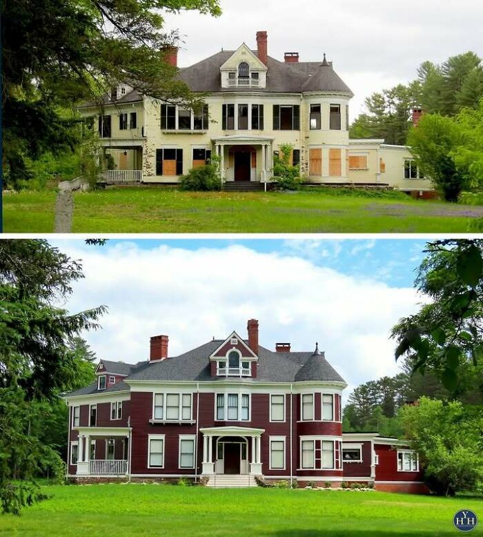 Historic house before and after restoration, showcasing houses restored to their historical glory with vibrant colors and repair work.