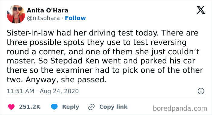 Tweet about a funny driving test story, part of really dumb tweets that make you laugh or lose faith in humanity.