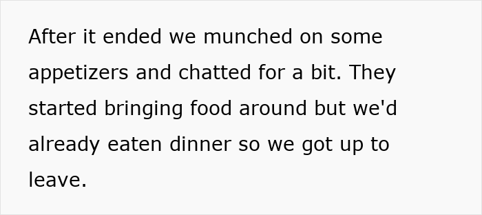 Text excerpt describing coworkers chatting and eating appetizers after attending an event that was not free, revealing a scam.