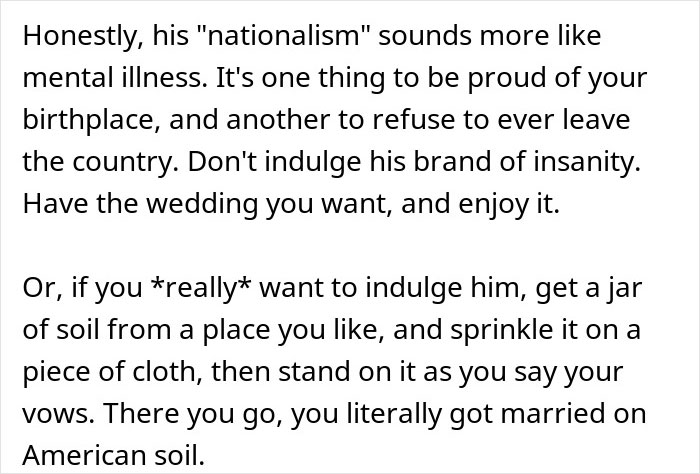 Text discussing bride&rsquo;s father refusing to attend wedding due to nationalism and the wedding not being on American soil.