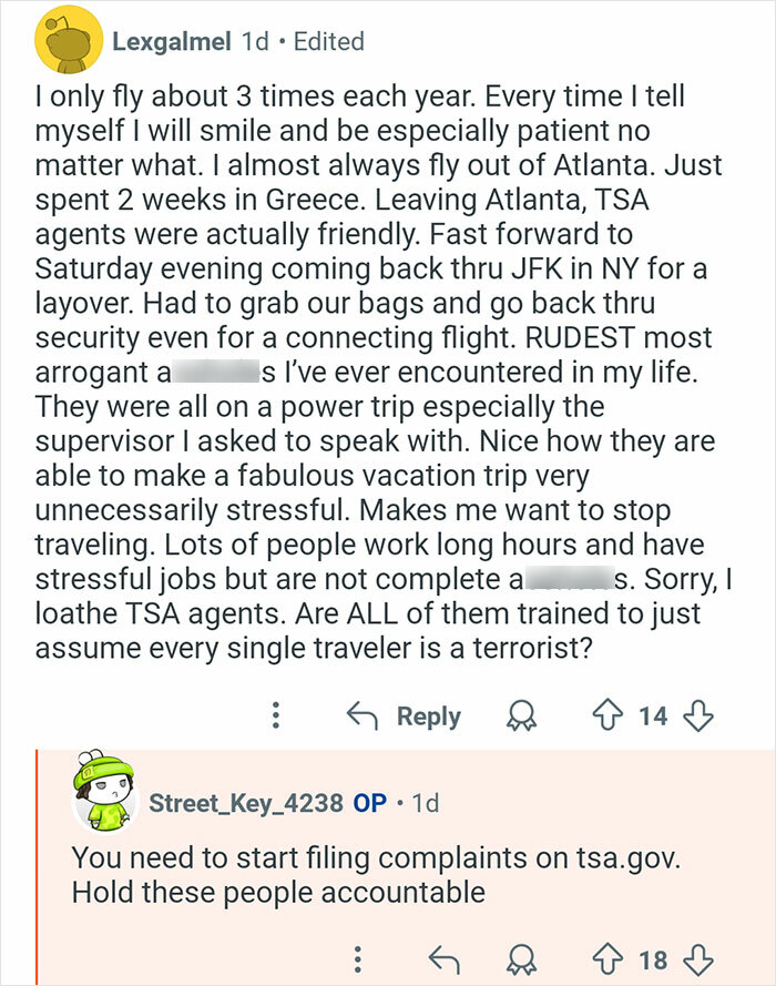 Screenshot of a user sharing negative TSA travel experience with a former TSA worker replying about accountability.